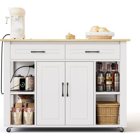 Îlot de cuisine mobile extensible 120 cm avec bar et prises électriques, 2 tiroirs et 2 portes avec rangements intégrés, adapté cuisine, salle à manger et salon