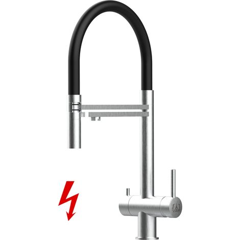 NIEDERDRUCK 3 Wege Edelstahl Massiv Küchenarmatur Spültischmischer, mit 360° schwenkbarem Schwarz Auslauf und 2 strahl Handbrause - Gebürstet (1/5)