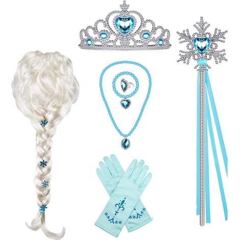 Ensemble de costume princesse fée de dessin animé avec baguette, couronne, gants, tresse, collier, bracelet, bague, boucles d'oreilles, accessoires cosplay Noël Halloween. (1/5)