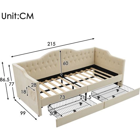 Letto Divano 90 x 200 cm, Singolo con USB, Porta Type C e 2 Cassetti, senza Materasso, Velluto Beige (1/4)
