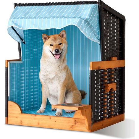 Relaxdays Hundestrandkorb, Rattan, mit Napf, Hundesessel mit Dach, HBT: 95x75x65 cm, Garten & Terrasse, Holz, hellblau