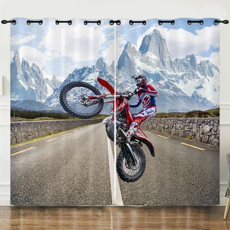 Motocross Cavalier Lot de 2 Rideau Occultant Court 140x160 (lxH) Montagne Locomotive Moto Rideaux Salon Moderne Montagne EnneigéE Rideau Opaque à Oeillets Rideau Isolant Thermique Anti Froid - 140L X  (1/5)
