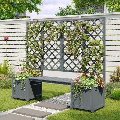 Jardinière avec treillis bois massif épicéa gris – Siège intégré, pour terrasse jardin (1/5)