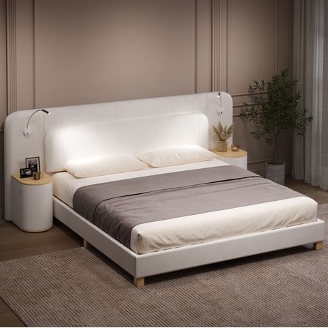 Lit double 180x200 cm en velours côtelé beige, chevets LED, gain de place, sans matelas – MEUBLIV (1/5)