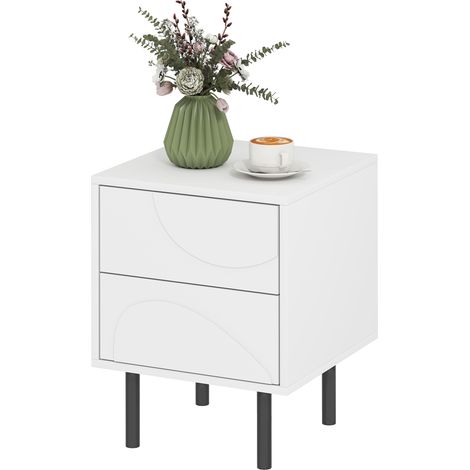 Table de chevet étroite, table d'appoint avec 2 tiroirs à ouverture par pression, pieds en acier, 40 x 40 x 50 cm, blanc (1/5)