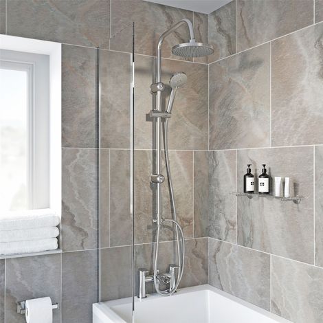 Bathroom Mixer Shower Kit Adjust Riser Rail Hose Chrome Round Dual Head Chrome (1/5)
