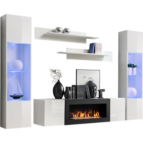 Conjunto de muebles colgantes con chimenea decorativa colección FLY M3. Color blanco.