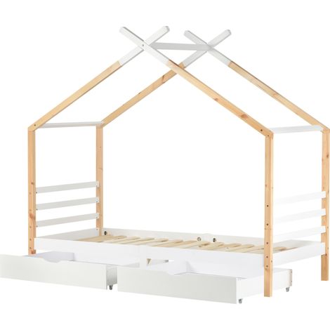 Letto casetta per bambini con cassetti, pino e MDF, rete a doghe, 90x200 cm, bianco e legno (1/5)