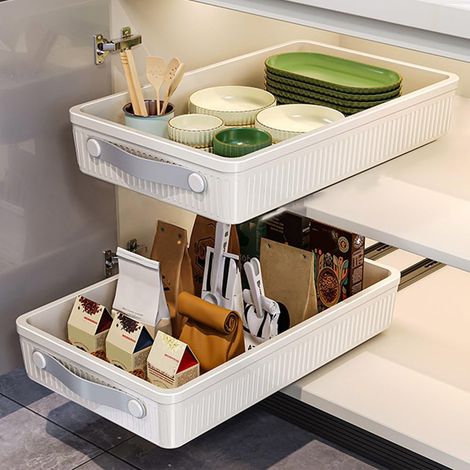 Tiroir Télescopique pour Armoires de Cuisine Tiroirs de Cuisine Coulissants 39,7 x 24,3 x 6,7 cm,Tiroir/Panier Télescopique en Plastique avec Bandes Adhésives sur Rails pour sous Évier (1/5)