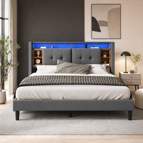FLORAGRACE Lit coffre 160x200 cm en bois gris avec tête de lit de rangement, LED, USB et prises (1/5)