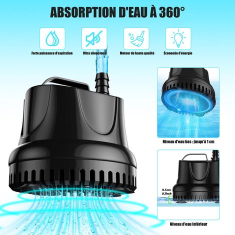 Pompe à Eau Submersible 15W Pompe d'Aquarium Silencieuse avec Ventouses et 2 Nozzles pour Bassin Fontaine Étang Culture Hydroponique