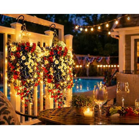 New Patriotic Hanging Flower Baskets - Solar-Powered Patriotic Flower Baskets with Solar Lights