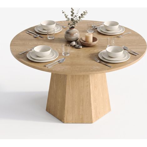 FurnitureR Oak Effect Round Kitchen Table, Circular MDF Dining Surface for 4 to 6 People, Breakfast and Family Room Furniture, 120 × 120 × 75 cm (1/5)