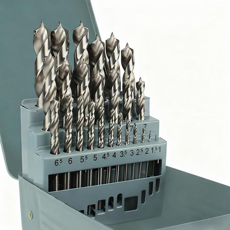Coffret de 25 forets hélicoïdaux pour bois, diamètre 1-13 mm, pour bois tendre et bois dur. Présenté dans un coffret à perceuse. Idéal pour les menuisiers et les bricoleurs. (1/5)