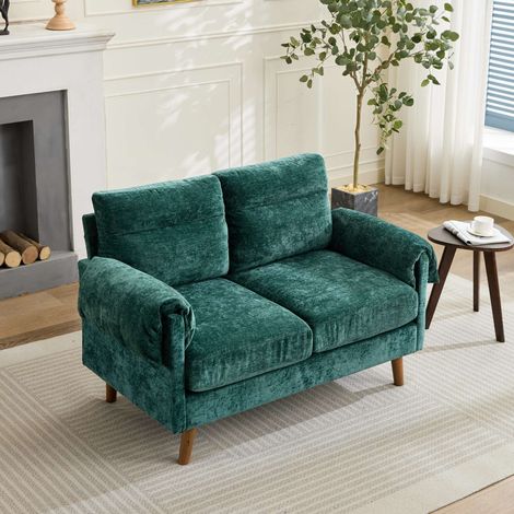 2-Sitzer-Sofa aus Chenille, Loveseat im klassischen Stil, weicher kuscheliger Stoff, gepolsterte Kissen, Füße in Holzoptik, ideal für Wohnzimmer, Schlafzimmer und Wohnung – Grün