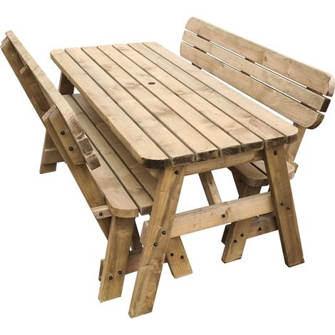 4ft (120cm) Picnic table and bench set, rustic brown finish, Victoria compact with backrest rounded corners (1/4)