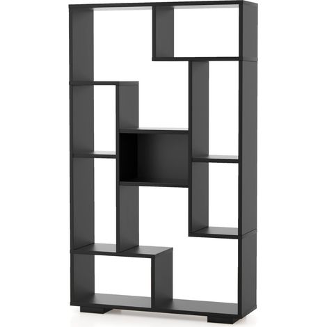 Librería geométrica moderna de 70 x 20 x 120 cm con 11 estantes abiertos y diseño chic en madera negra 200010678