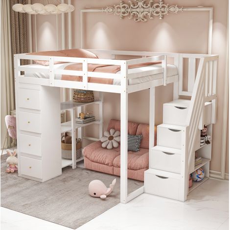 Cama alta 140x200 cm blanca de madera con 4 cajones y estanteria (1/5)