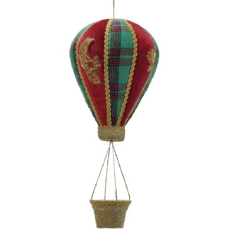 Mongolfiera Natalizia da Appendere H45 cm in Tessuto Scozzese con Merletti Oro  da appendere e decorare casa locali commerciali - colorigenerali: Scozzese verde