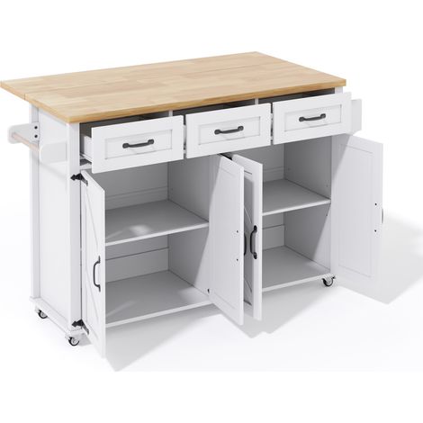 Isla de cocina con tablero abatible, MDF, 5 ruedas con freno, 4 puertas y 3 cajones (1/5)