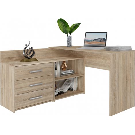 MOLINE - Escritorio esquinero con almacenaje - 3 cajones + 2 estantes - 120x50x76 cm - Escritorio para ordenador