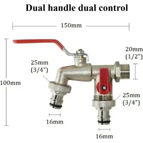 (Tube en cuir Pacise) Robinet d'arrosage avec robinet à double entrée et double sortie, raccord de dérivation d'eau, vanne d'arrêt. Clés pour robinet d'arrosage 1/2'' et 3/4''.