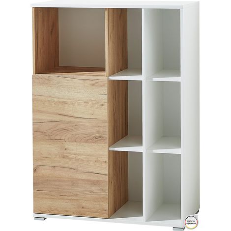 Armoire classeur de bureau avec compartiments aspect chêne et blanc LEONIE (1/4)