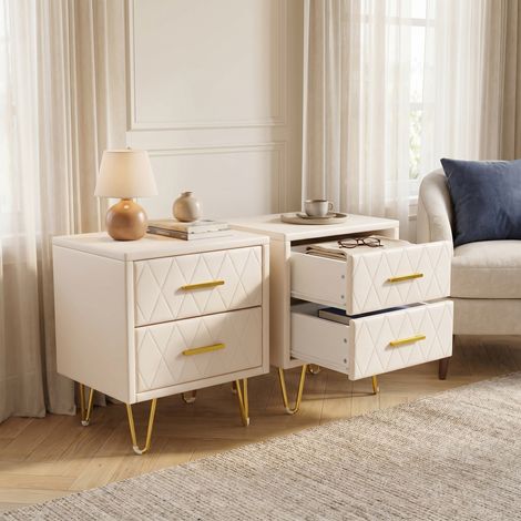 Lot de 2 Tables de chevet, 41x35.5x51 cm, avec 2 tiroirs, pieds en métal doré, style moderne, Beige (1/5)