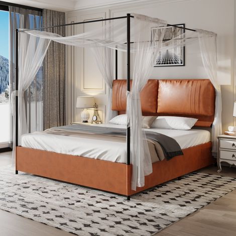 Lit Double 180x200, Style Luxueux avec 4 Surmatelas Amovibles en Cuir, 2 Coussins, Bordure Métallique, Sans Sommier (sans Matelas) (1/5)