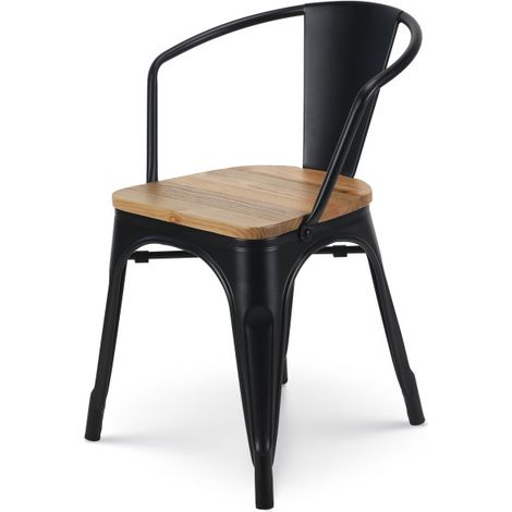 Mattschwarzer Metallstuhl im Industriestil mit Sitz aus hellem Holz - Mit Armlehnen