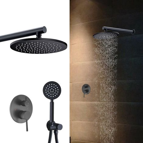 Grifo de ducha empotrado negro de 10" con cabezal de ducha de lluvia y ducha de mano