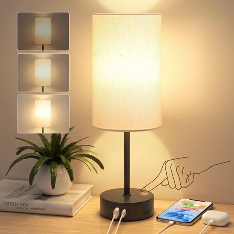 Lámpara de mesilla táctil con brillo ajustable – Pantalla de lino – Puertos de carga USB A+C – Protección ocular – Base pesada y antideslizante (1/4)