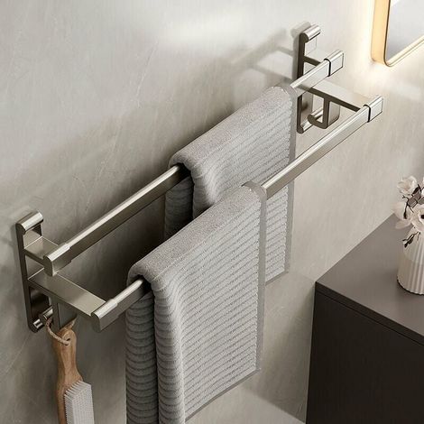 Porte-serviettes de salle de bain sans trous porte-serviettes double bras salle de bain double espace porte-serviettes de salle de bain en aluminium porte-serviettes auto-adhésif gris métallisé double (1/5)