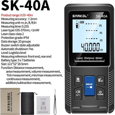 SNAKOL 3-in-1 Laser-Entfernungsmesser mit Maßband: 40/50/70/100/120 Meter, SK-40A 40-Meter Digitales Tragbares Elektronisches Messgerät (1/5)