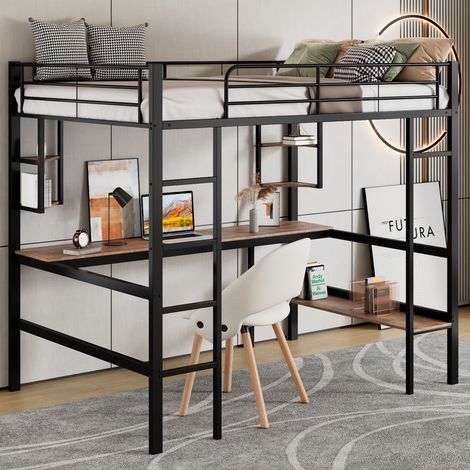 Lit mezzanine 90/200 cm noir en métal avec bureau et étagères (1/5)