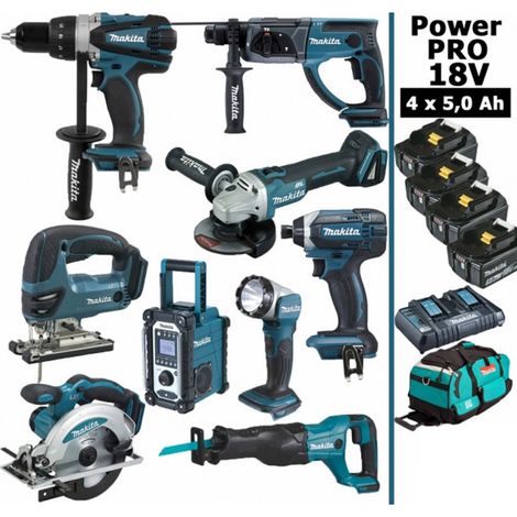 Pack Makita Power PRO 9 outils 18V: DDF458 DHR202 DGA504 DTD152 DJV180 DSS610 DJR186 DMR108 DEADML802 + 4 batt 5Ah + sac (1/5)
