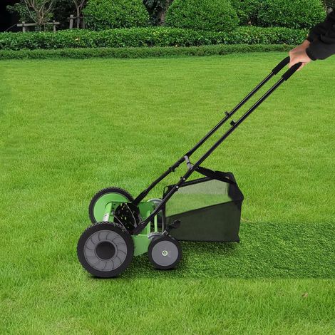 Tondeuse à gazon manuelle 20 pouces avec bac de ramassage, 5 lames, roues antidérapantes, hauteur réglable — Idéale pour pelouses et jardins