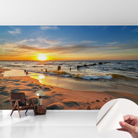 Papier peint adhésif autocollant pour salon chambre à coucher peint imprimé Installation facile Coucher de soleil sur la plage 416x254 cm (1/5)