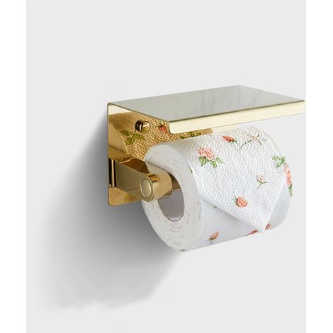 royaluxe - Porte-papier hygiénique auto-adhésif doré avec étagère, porte-papier hygiénique mural pour salle de bain, acier inoxydable SUS 304, sans perçage (1/4)