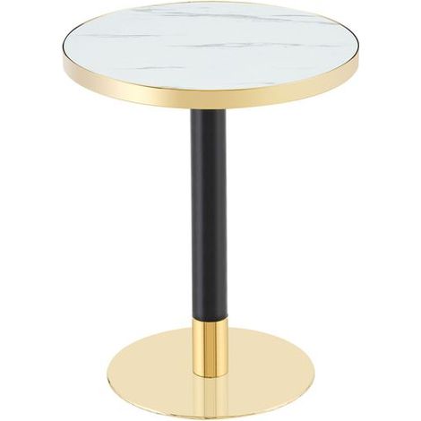 Table plateau rond effet marbre bordure dorée piètement métal noir et doré (1/5)