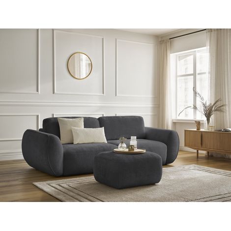 BOBOCHIC - Canapé droit convertible 3 places DENISE tissu texturé avec pouf Noir (1/5)