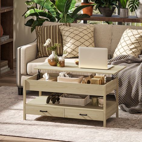 Tavolino da caffè con piano sollevabile, vano portaoggetti nascosto, cassetti e ripiano a giorno, 100x50x48-62 cm, rovere. (1/5)
