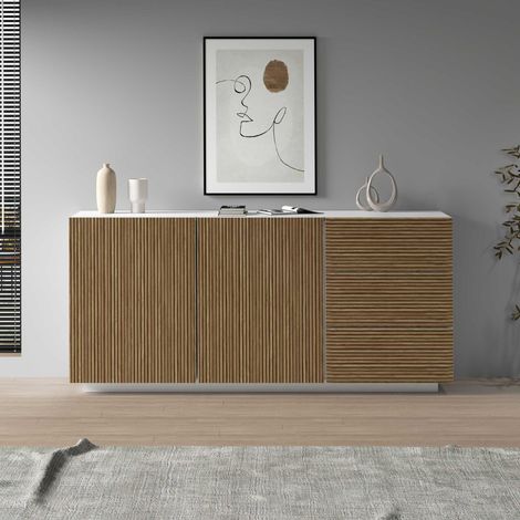 WHOUS Credenza Coste a 2 ante e 3 cassetti bianco opaco e legno chiaro 180x43x86 cm (1/5)