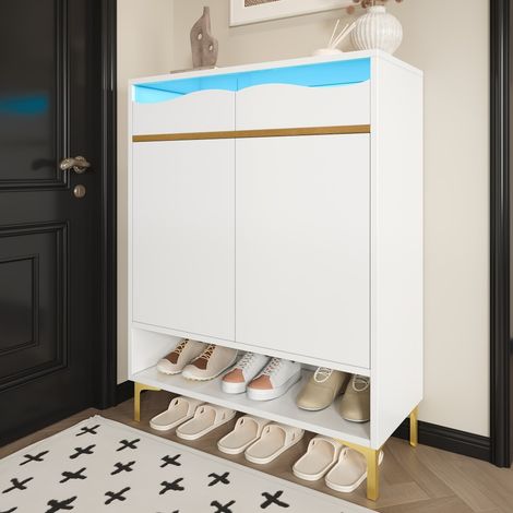 Meuble à chaussures blanc moderne avec éclairage LED 16 couleurs - Meuble d'entrée gain de place à tiroirs - 80x35x105(cm) (1/5)