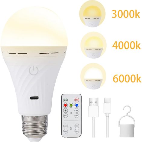Lot de 1 Ampoule LED Rechargeable E27 2200mAh avec Télécommande, 3 Températures de Couleur Variateur, Minuterie, Crochet de Suspension, Éclairage Intérieur/Extérieur Urgence (1/5)