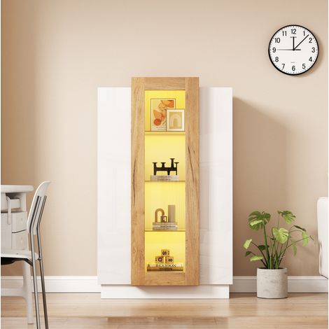 Vitrine 74 x 40 x 120 cm in Weiß und Holzoptik mit LED, 3 Acrylglastüren (1/5)