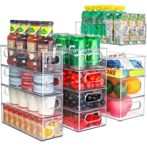 Lot de 12 Rangement Frigo Transparent (3 Tailles), Organiseur Cusine pour Réfrigérateur, Cuisine, Salle Bain, Tiroir, Armoires et Comptoirs – sans BPA (Clair) - (1/5)