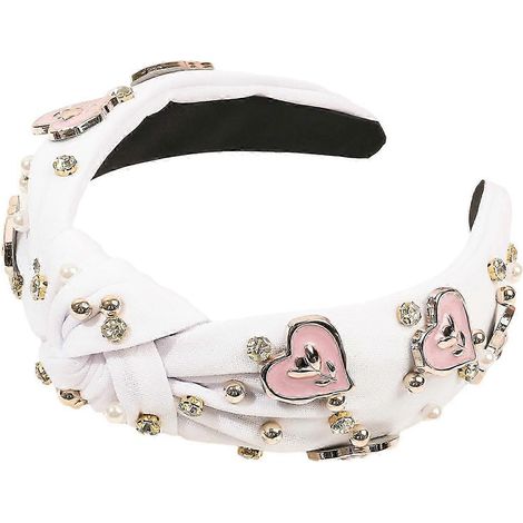 Bandeau pour cheveux femme Saint-Valentin avec pendentif cœur et strass, large bande élastique antidérapante en tissu à nœud.-White (1/5)