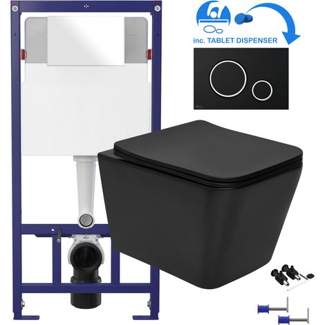 Black Square Rimless Wall Hung Toilet & 1.12m Concealed WC Cistern Frame Set - Matt Black/Chrome Plate