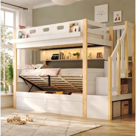 Lit mezzanine enfant 90x200 cm avec lit bas hydraulique, escalier de rangement, LED, blanc (1/5)